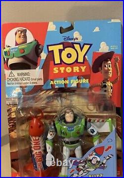 Toy Story Kicking Woody & Buzz Lightyear Flying Rocket Action Figures 1995 NOC
