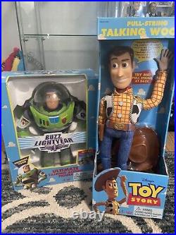 Vintage 1995 Toy Story Disney Thinkway Pull-String Woody & Buzz Lightyear Lot